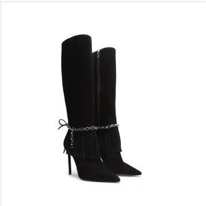 Schutz Blk Suede Boots 8 w removable chain fringe